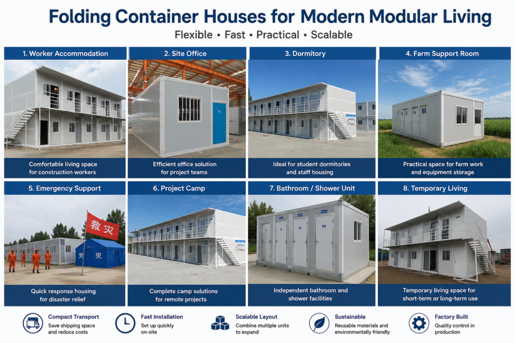 Folding container houses for modern modular living including worker accommodation site office dormitory farm support room emergency support project camp bathroom shower unit and temporary living