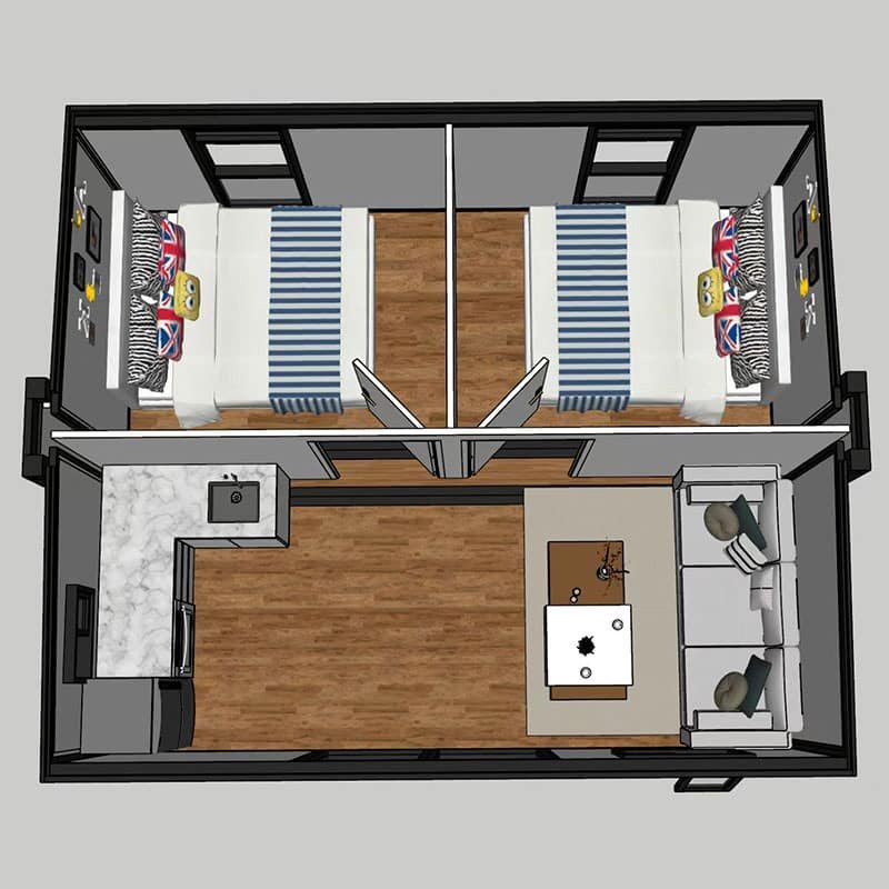 20ft expandable container house floor plan with bedroom bathroom and kitchen layout