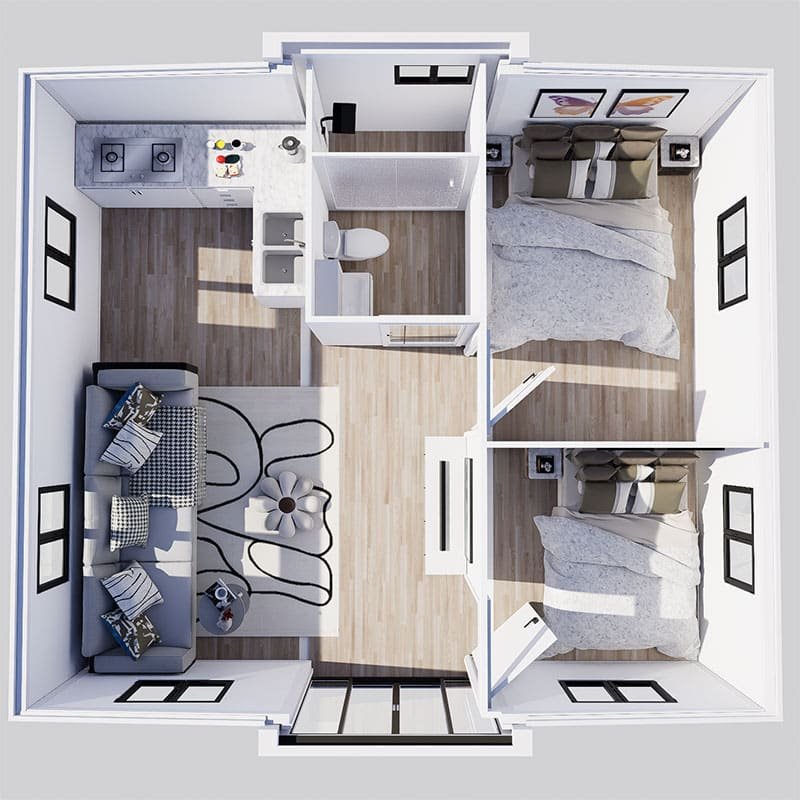 20ft expandable container house floor plan with bedroom bathroom and kitchen layout