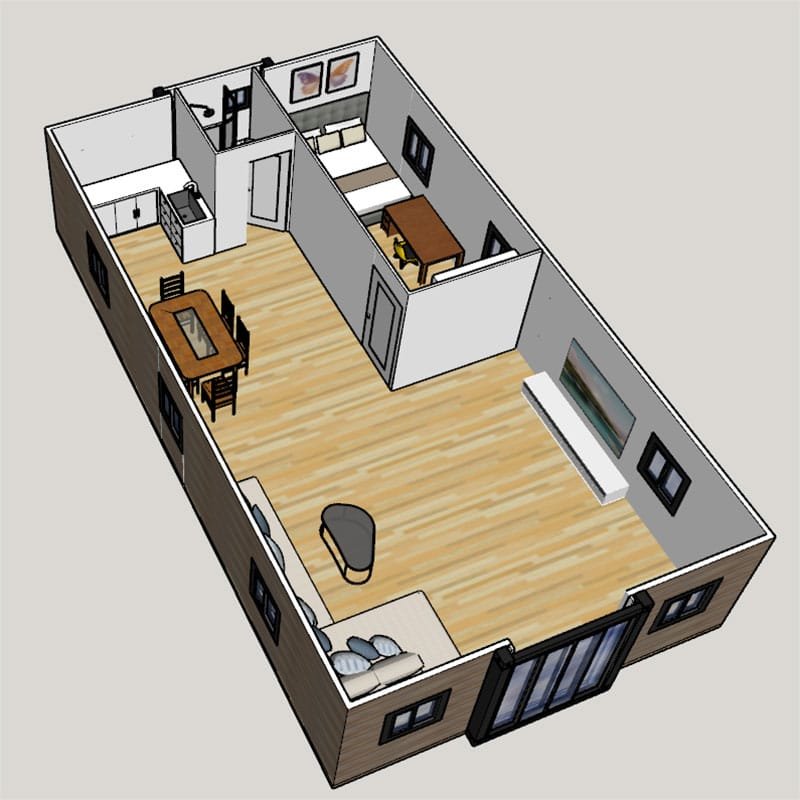 40ft expandable container house floor plan with two bedrooms living area kitchen and bathroom
