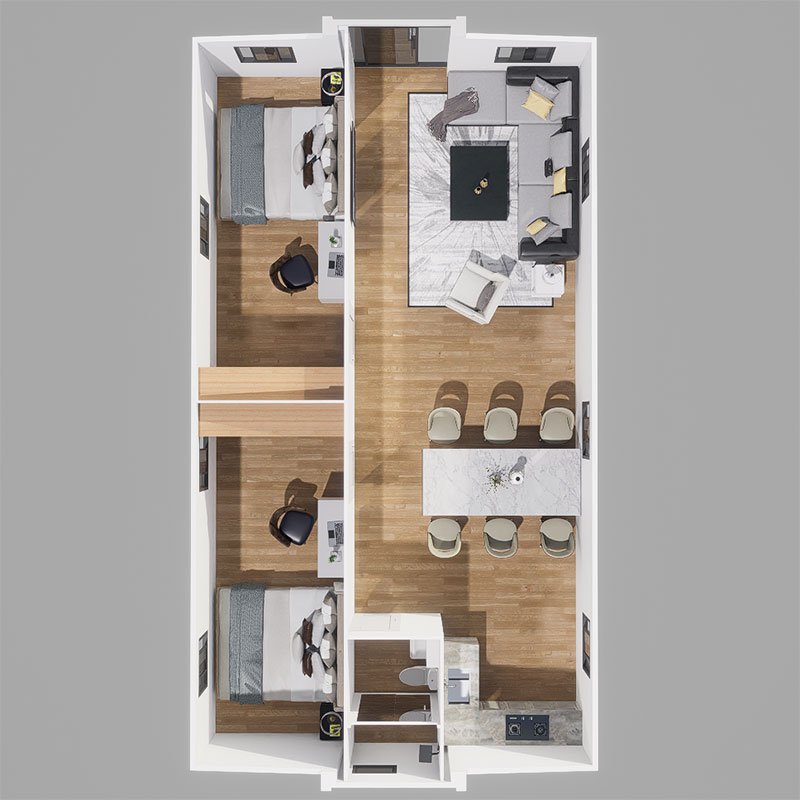 40ft expandable container house floor plan with two bedrooms living area kitchen and bathroom