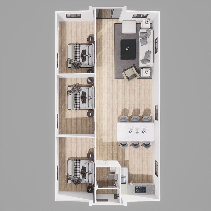 40ft expandable container house floor plan with two bedrooms living area kitchen and bathroom