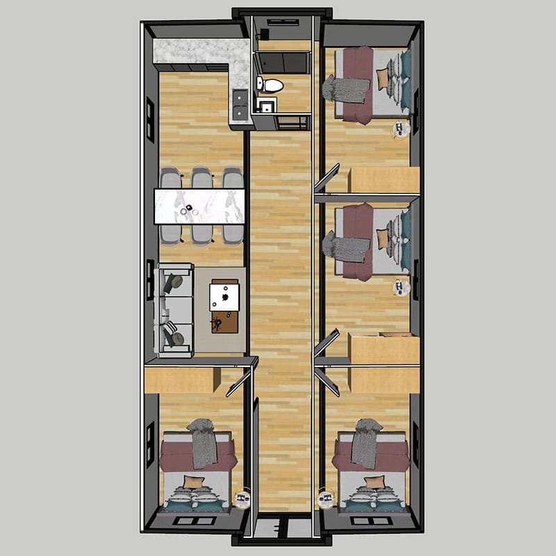 40ft expandable container house floor plan with two bedrooms living area kitchen and bathroom