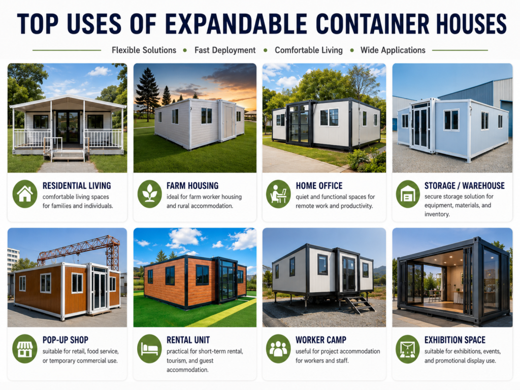 Expandable container house applications for residential living farm housing home office storage pop-up shop rental unit worker camp and exhibition space