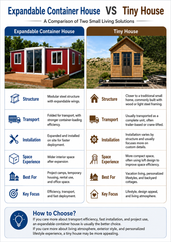 Expandable container house compared with tiny house for project accommodation and living use