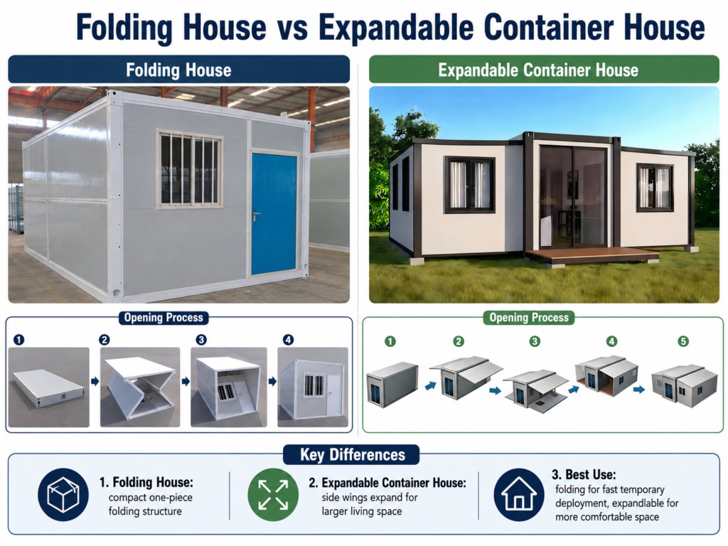 Expandable container house vs folding house comparison showing structure space transport installation and project applications