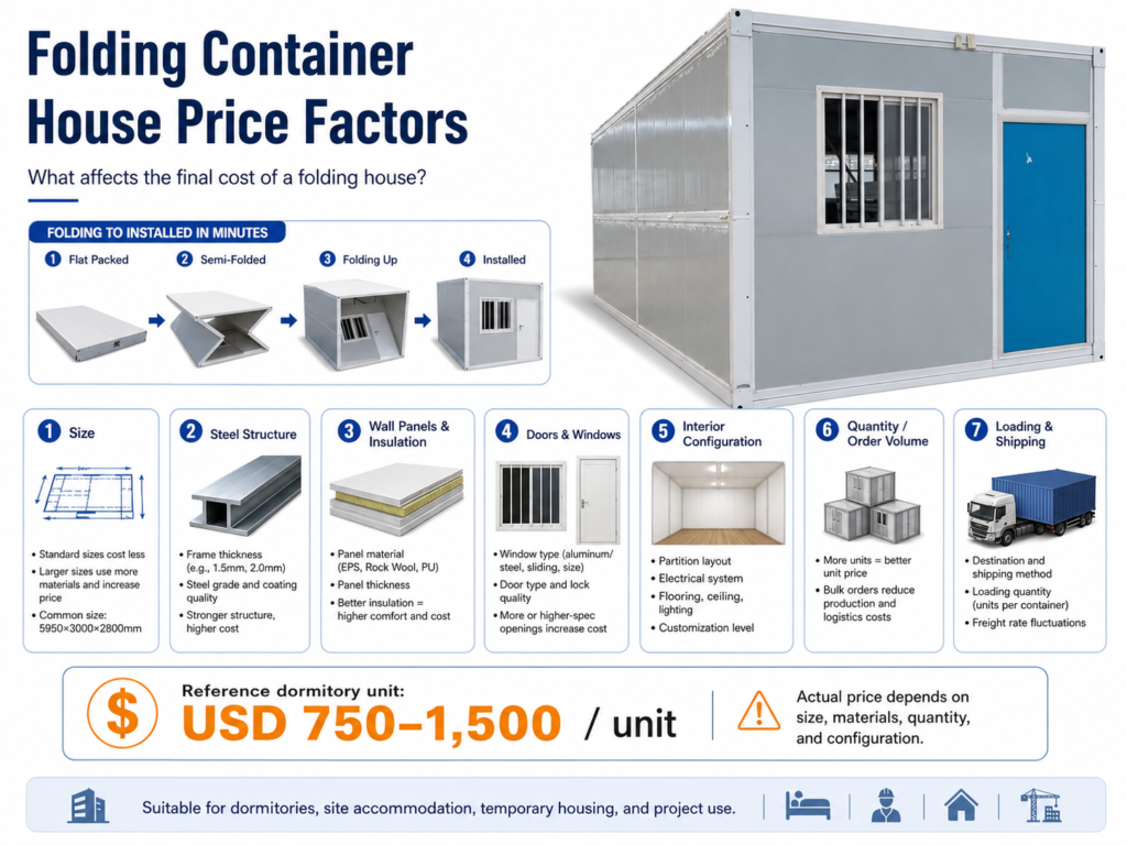 folding container house cost factors including size steel frame wall panels bathroom and shipping
