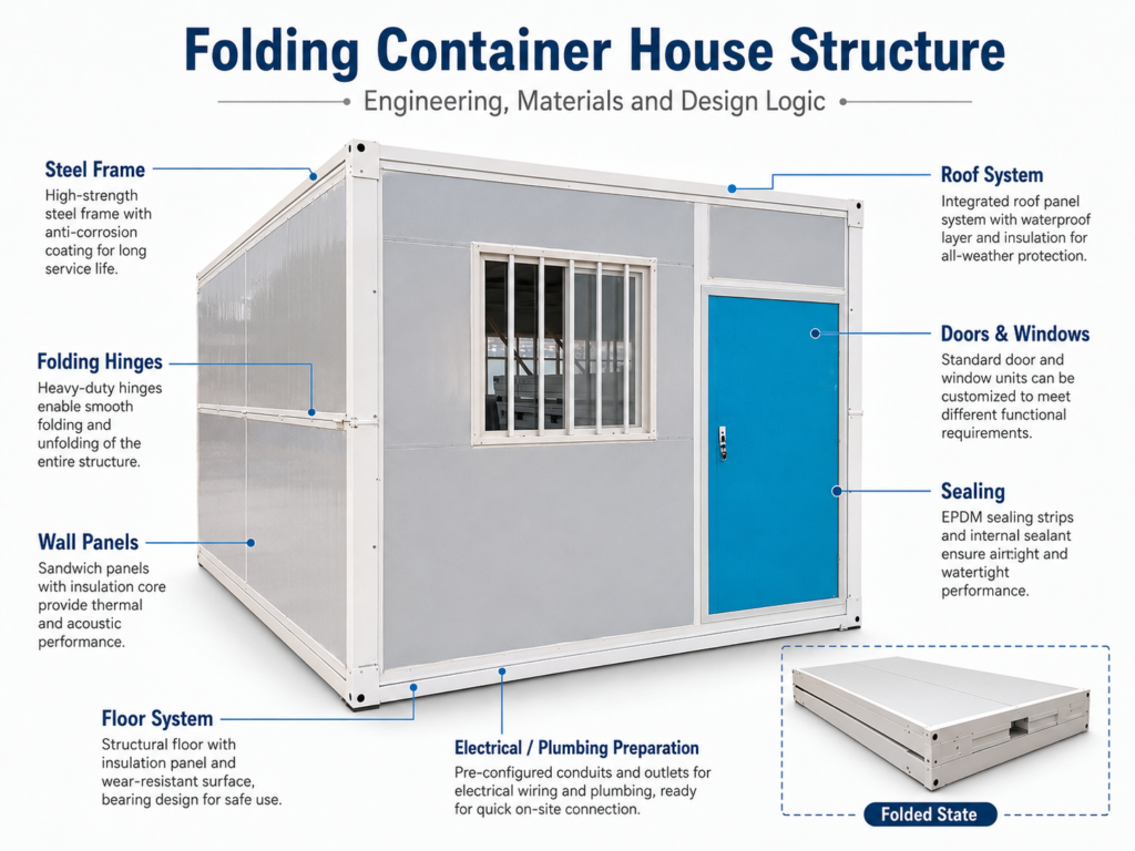 Folding container house structure including steel frame folding hinges wall panels roof floor sealing doors windows and utility preparation