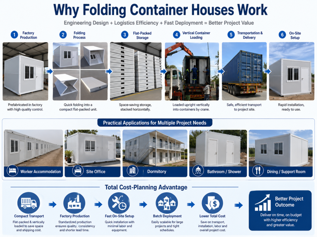 Folding container houses showing factory production folded flat pack storage vertical container loading transportation on-site setup and project accommodation use