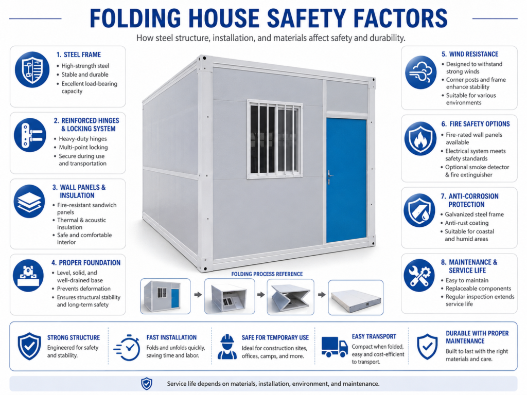 Folding house safety factors including steel frame foundation anchoring wall panels roof sealing wind conditions utilities and maintenance