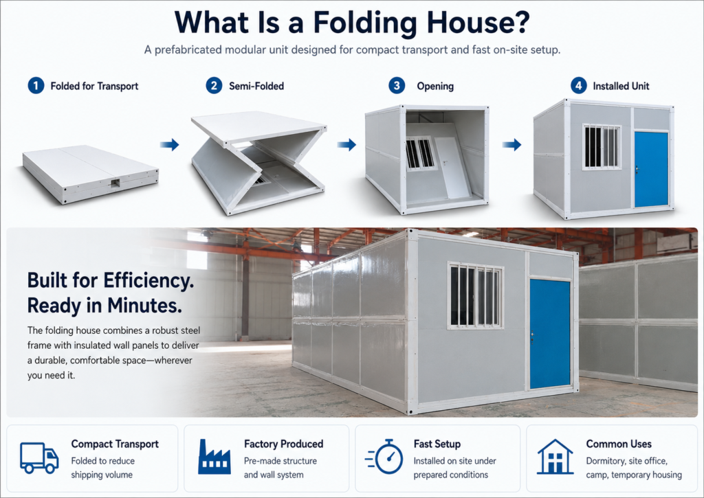 What is a folding house showing compact folded transport factory production on-site unfolding and common project uses
